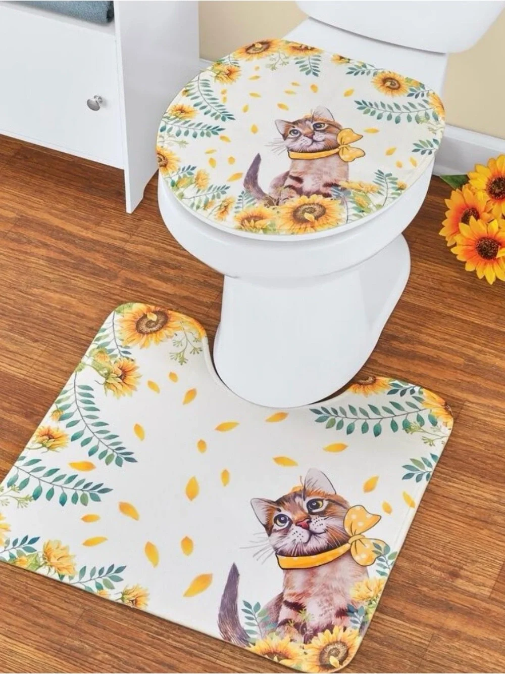 ADORABLE FUN 16pc Cat & Sunflower Bathroom Set